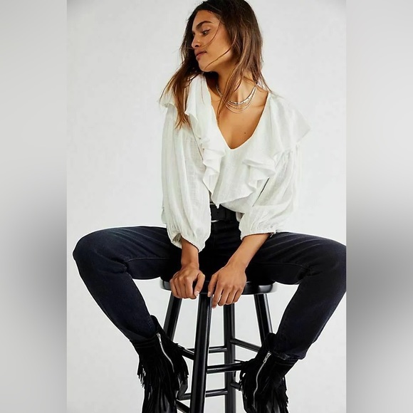 Free People Revolve Zuri Open Back Ruffle Blouse in Ivory - Picture 5 of 12